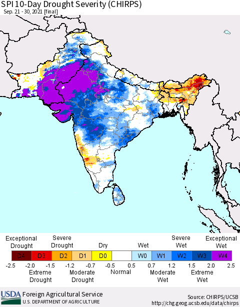 Southern Asia SPI 10-Day Drought Severity (CHIRPS) Thematic Map For 9/21/2021 - 9/30/2021