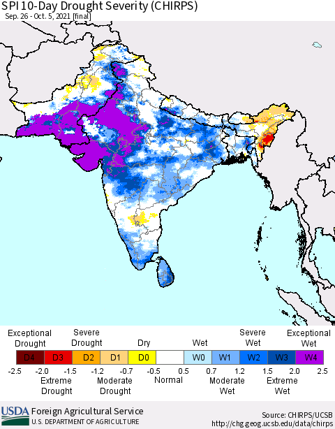 Southern Asia SPI 10-Day Drought Severity (CHIRPS) Thematic Map For 9/26/2021 - 10/5/2021