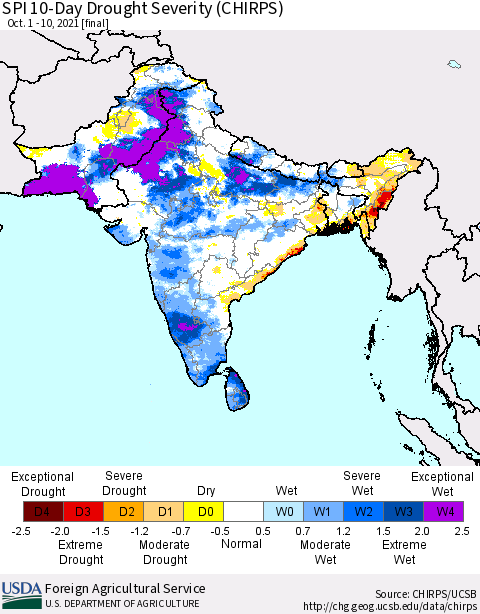 Southern Asia SPI 10-Day Drought Severity (CHIRPS) Thematic Map For 10/1/2021 - 10/10/2021