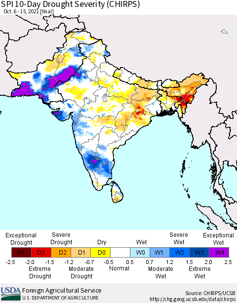 Southern Asia SPI 10-Day Drought Severity (CHIRPS) Thematic Map For 10/6/2021 - 10/15/2021