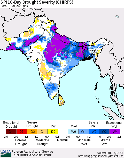 Southern Asia SPI 10-Day Drought Severity (CHIRPS) Thematic Map For 10/11/2021 - 10/20/2021