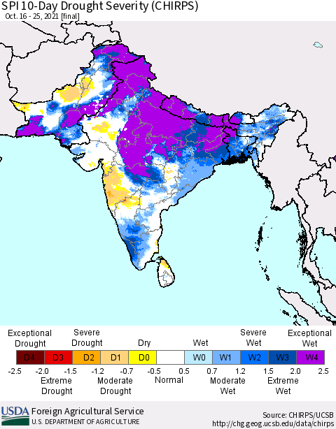 Southern Asia SPI 10-Day Drought Severity (CHIRPS) Thematic Map For 10/16/2021 - 10/25/2021