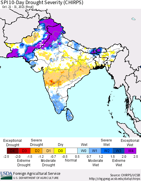Southern Asia SPI 10-Day Drought Severity (CHIRPS) Thematic Map For 10/21/2021 - 10/31/2021