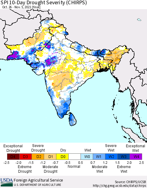 Southern Asia SPI 10-Day Drought Severity (CHIRPS) Thematic Map For 10/26/2021 - 11/5/2021