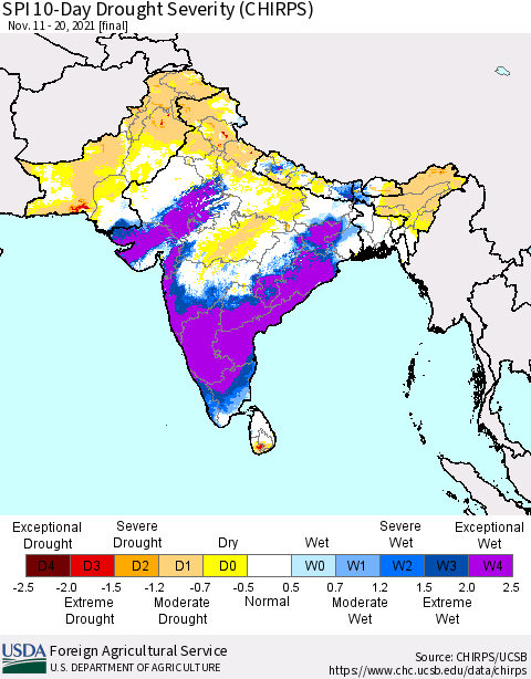 Southern Asia SPI 10-Day Drought Severity (CHIRPS) Thematic Map For 11/11/2021 - 11/20/2021