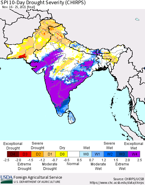 Southern Asia SPI 10-Day Drought Severity (CHIRPS) Thematic Map For 11/16/2021 - 11/25/2021