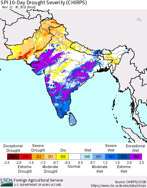 Southern Asia SPI 10-Day Drought Severity (CHIRPS) Thematic Map For 11/21/2021 - 11/30/2021
