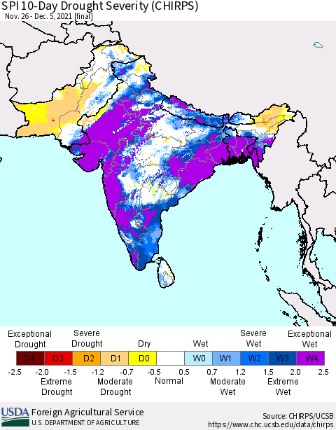 Southern Asia SPI 10-Day Drought Severity (CHIRPS) Thematic Map For 11/26/2021 - 12/5/2021