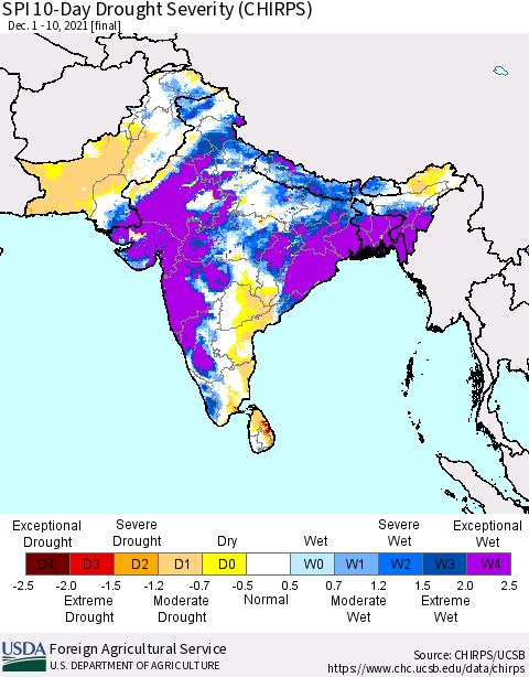 Southern Asia SPI 10-Day Drought Severity (CHIRPS) Thematic Map For 12/1/2021 - 12/10/2021