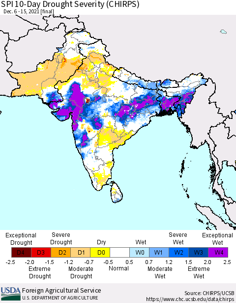 Southern Asia SPI 10-Day Drought Severity (CHIRPS) Thematic Map For 12/6/2021 - 12/15/2021
