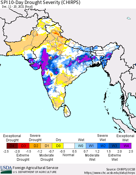 Southern Asia SPI 10-Day Drought Severity (CHIRPS) Thematic Map For 12/11/2021 - 12/20/2021