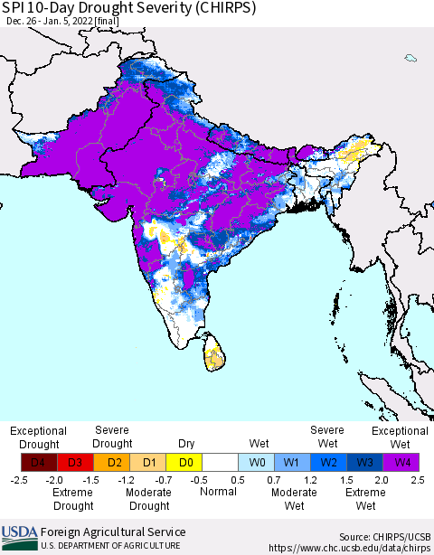 Southern Asia SPI 10-Day Drought Severity (CHIRPS) Thematic Map For 12/26/2021 - 1/5/2022