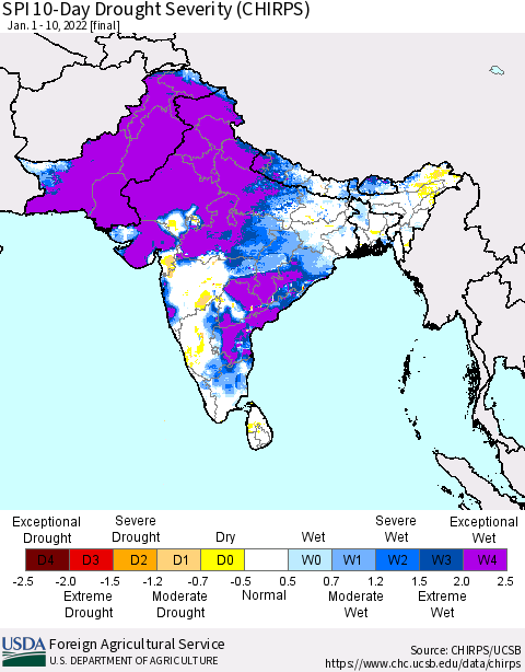 Southern Asia SPI 10-Day Drought Severity (CHIRPS) Thematic Map For 1/1/2022 - 1/10/2022