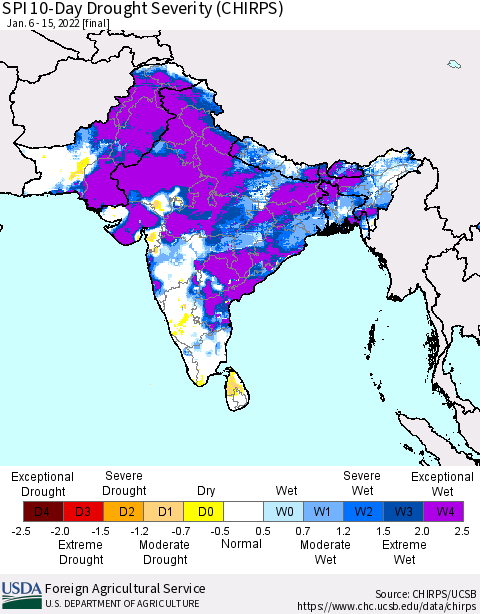 Southern Asia SPI 10-Day Drought Severity (CHIRPS) Thematic Map For 1/6/2022 - 1/15/2022