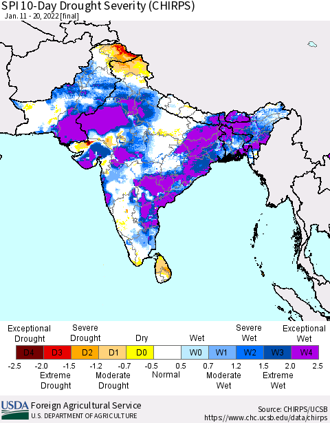 Southern Asia SPI 10-Day Drought Severity (CHIRPS) Thematic Map For 1/11/2022 - 1/20/2022