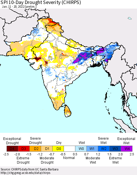 Southern Asia SPI 10-Day Drought Severity (CHIRPS) Thematic Map For 1/11/2022 - 1/20/2022