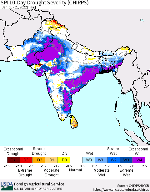 Southern Asia SPI 10-Day Drought Severity (CHIRPS) Thematic Map For 1/16/2022 - 1/25/2022