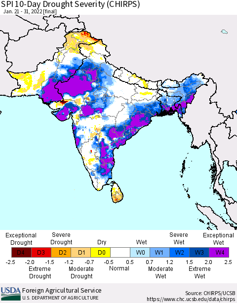 Southern Asia SPI 10-Day Drought Severity (CHIRPS) Thematic Map For 1/21/2022 - 1/31/2022