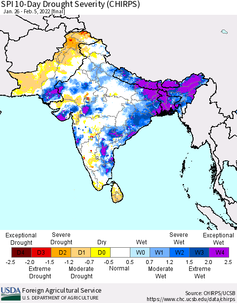 Southern Asia SPI 10-Day Drought Severity (CHIRPS) Thematic Map For 1/26/2022 - 2/5/2022