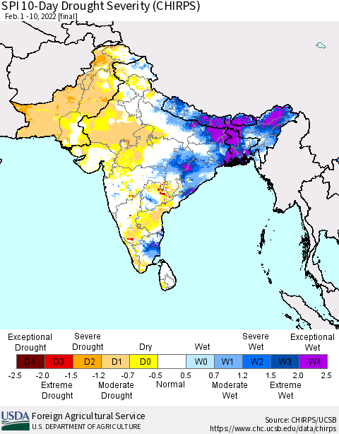 Southern Asia SPI 10-Day Drought Severity (CHIRPS) Thematic Map For 2/1/2022 - 2/10/2022