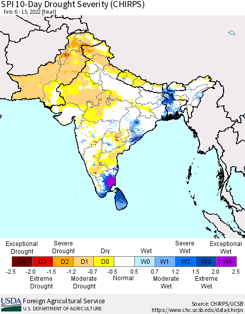 Southern Asia SPI 10-Day Drought Severity (CHIRPS) Thematic Map For 2/6/2022 - 2/15/2022