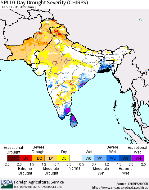 Southern Asia SPI 10-Day Drought Severity (CHIRPS) Thematic Map For 2/11/2022 - 2/20/2022
