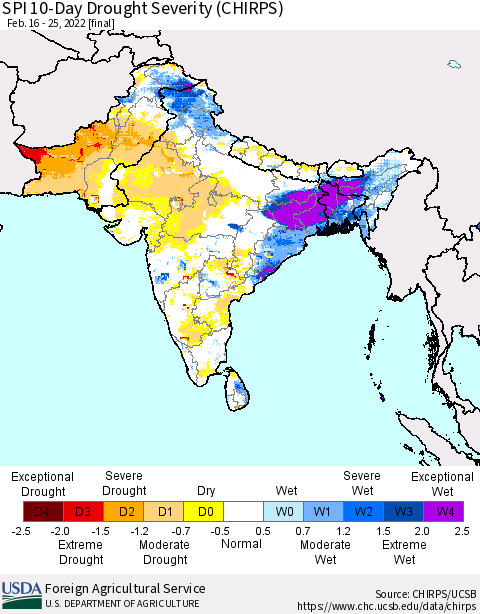 Southern Asia SPI 10-Day Drought Severity (CHIRPS) Thematic Map For 2/16/2022 - 2/25/2022