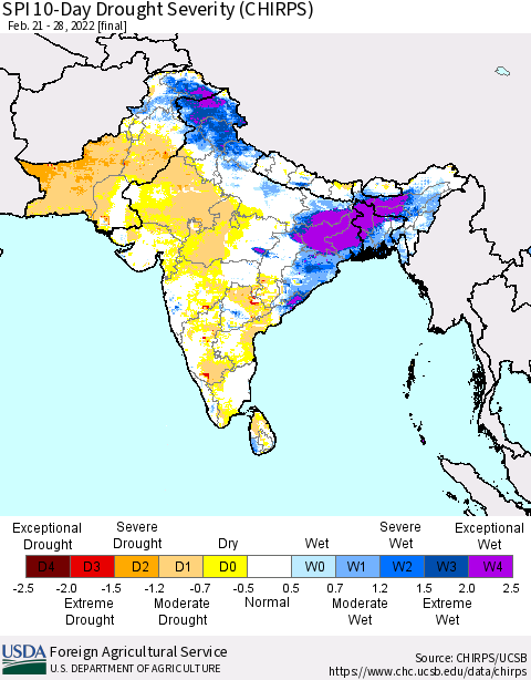 Southern Asia SPI 10-Day Drought Severity (CHIRPS) Thematic Map For 2/21/2022 - 2/28/2022