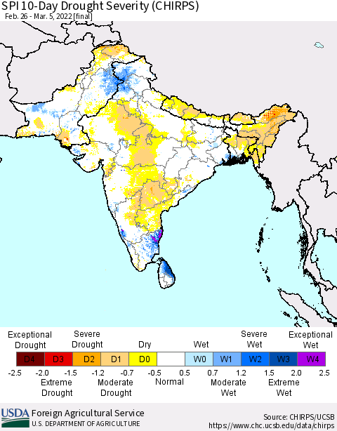 Southern Asia SPI 10-Day Drought Severity (CHIRPS) Thematic Map For 2/26/2022 - 3/5/2022