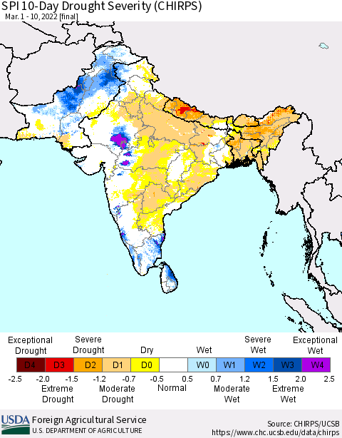 Southern Asia SPI 10-Day Drought Severity (CHIRPS) Thematic Map For 3/1/2022 - 3/10/2022