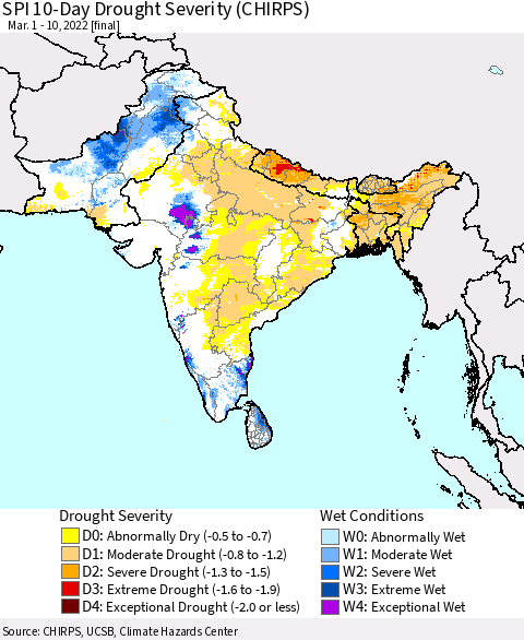 Southern Asia SPI 10-Day Drought Severity (CHIRPS) Thematic Map For 3/1/2022 - 3/10/2022