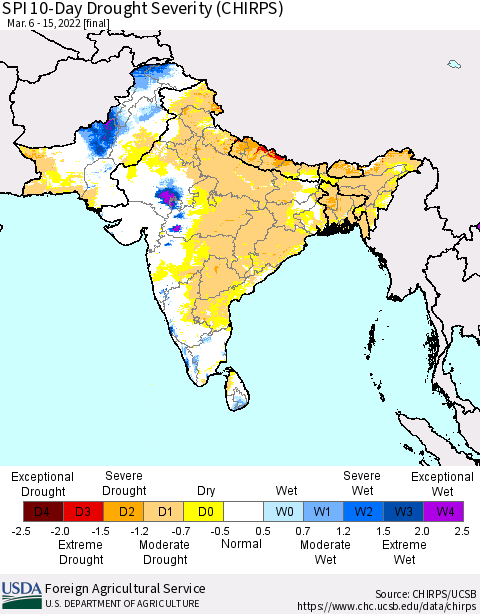 Southern Asia SPI 10-Day Drought Severity (CHIRPS) Thematic Map For 3/6/2022 - 3/15/2022