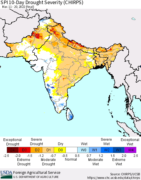 Southern Asia SPI 10-Day Drought Severity (CHIRPS) Thematic Map For 3/11/2022 - 3/20/2022