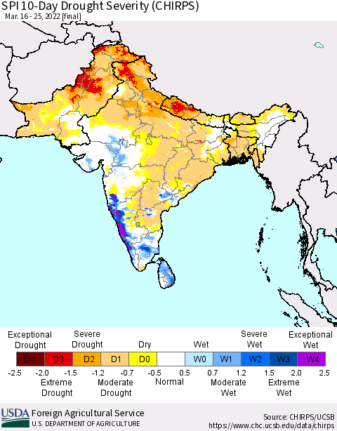 Southern Asia SPI 10-Day Drought Severity (CHIRPS) Thematic Map For 3/16/2022 - 3/25/2022