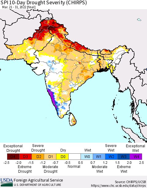 Southern Asia SPI 10-Day Drought Severity (CHIRPS) Thematic Map For 3/21/2022 - 3/31/2022