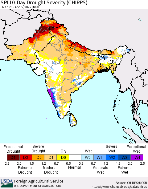 Southern Asia SPI 10-Day Drought Severity (CHIRPS) Thematic Map For 3/26/2022 - 4/5/2022