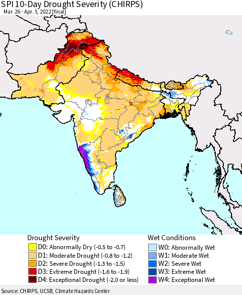 Southern Asia SPI 10-Day Drought Severity (CHIRPS) Thematic Map For 3/26/2022 - 4/5/2022