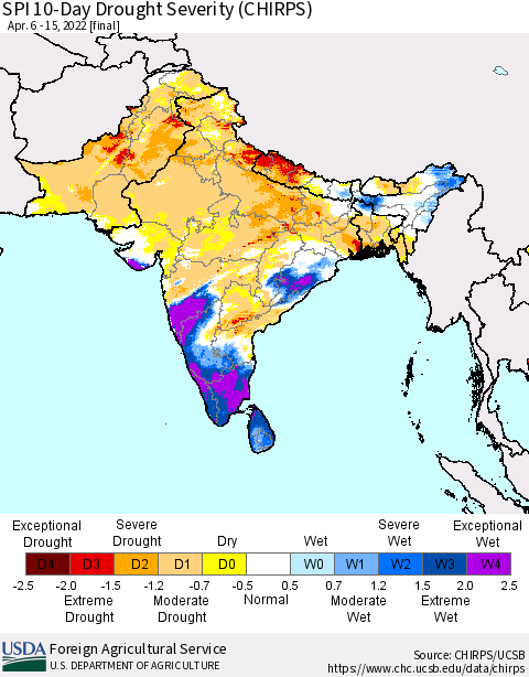Southern Asia SPI 10-Day Drought Severity (CHIRPS) Thematic Map For 4/6/2022 - 4/15/2022