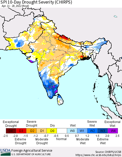 Southern Asia SPI 10-Day Drought Severity (CHIRPS) Thematic Map For 4/11/2022 - 4/20/2022