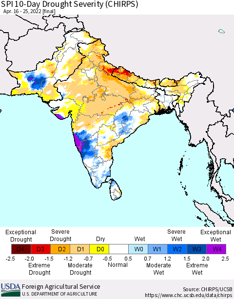 Southern Asia SPI 10-Day Drought Severity (CHIRPS) Thematic Map For 4/16/2022 - 4/25/2022