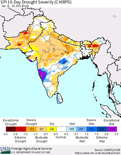 Southern Asia SPI 10-Day Drought Severity (CHIRPS) Thematic Map For 4/21/2022 - 4/30/2022