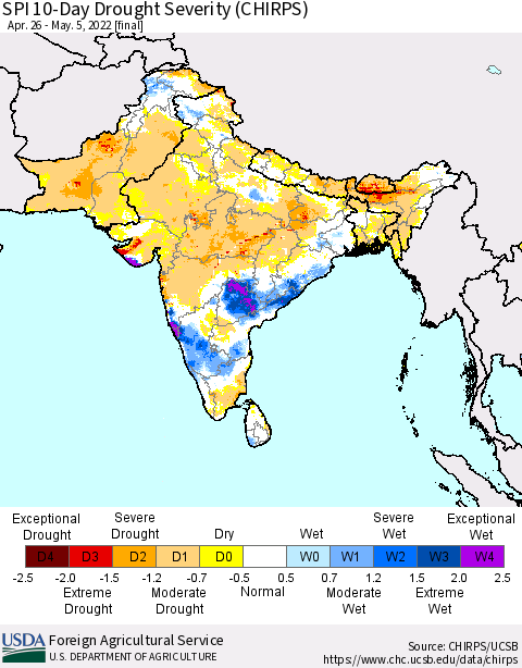 Southern Asia SPI 10-Day Drought Severity (CHIRPS) Thematic Map For 4/26/2022 - 5/5/2022