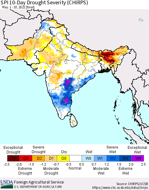 Southern Asia SPI 10-Day Drought Severity (CHIRPS) Thematic Map For 5/1/2022 - 5/10/2022