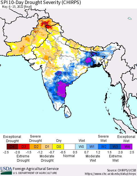 Southern Asia SPI 10-Day Drought Severity (CHIRPS) Thematic Map For 5/6/2022 - 5/15/2022