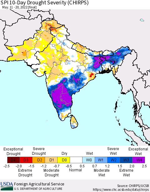 Southern Asia SPI 10-Day Drought Severity (CHIRPS) Thematic Map For 5/11/2022 - 5/20/2022