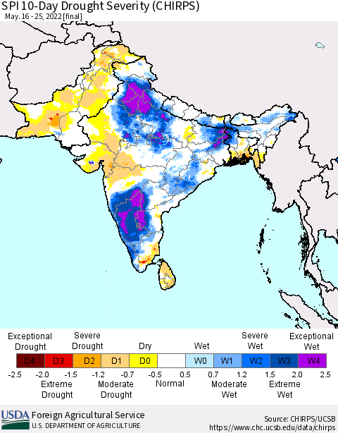 Southern Asia SPI 10-Day Drought Severity (CHIRPS) Thematic Map For 5/16/2022 - 5/25/2022
