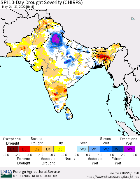 Southern Asia SPI 10-Day Drought Severity (CHIRPS) Thematic Map For 5/21/2022 - 5/31/2022