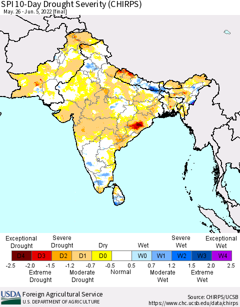Southern Asia SPI 10-Day Drought Severity (CHIRPS) Thematic Map For 5/26/2022 - 6/5/2022