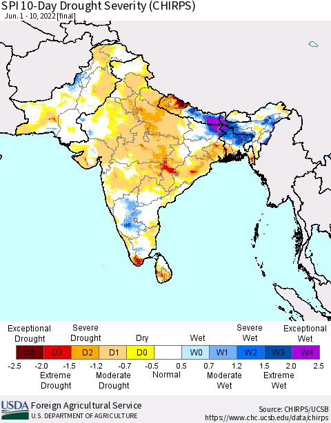 Southern Asia SPI 10-Day Drought Severity (CHIRPS) Thematic Map For 6/1/2022 - 6/10/2022