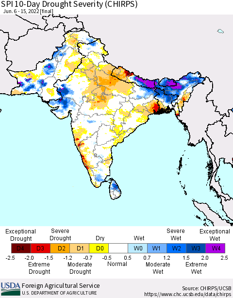 Southern Asia SPI 10-Day Drought Severity (CHIRPS) Thematic Map For 6/6/2022 - 6/15/2022